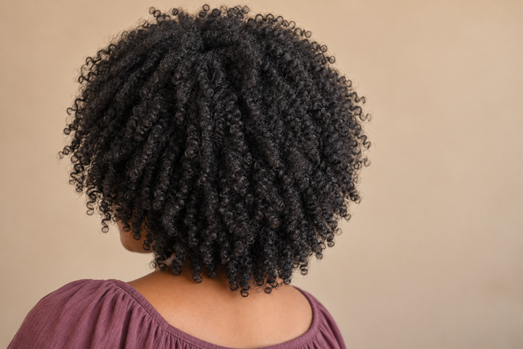 Back view of tightly coiled black hair with a full rounded shape, an example of type 4 hair.