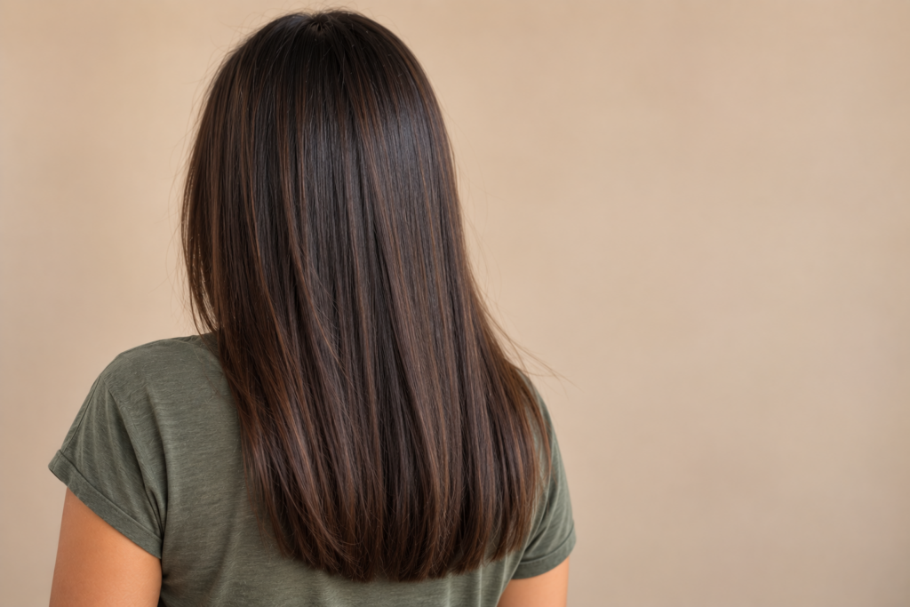 Back view of straight dark brown hair, an example of type 1 hair.