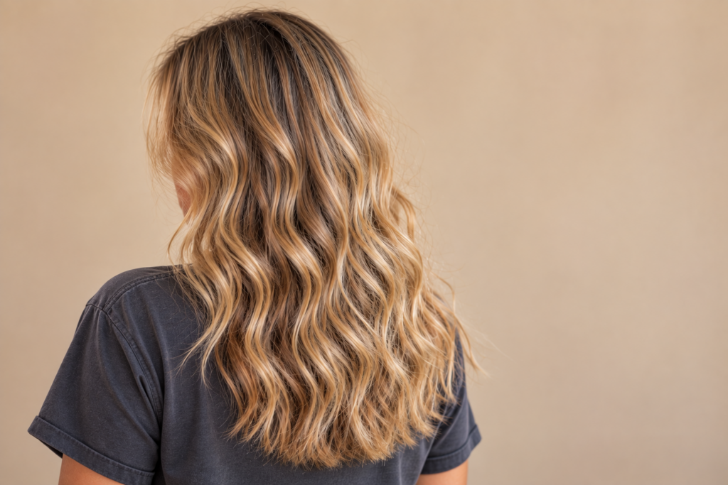 Back view of wavy blonde hair with loose S shaped waves, an example of type 2 hair.