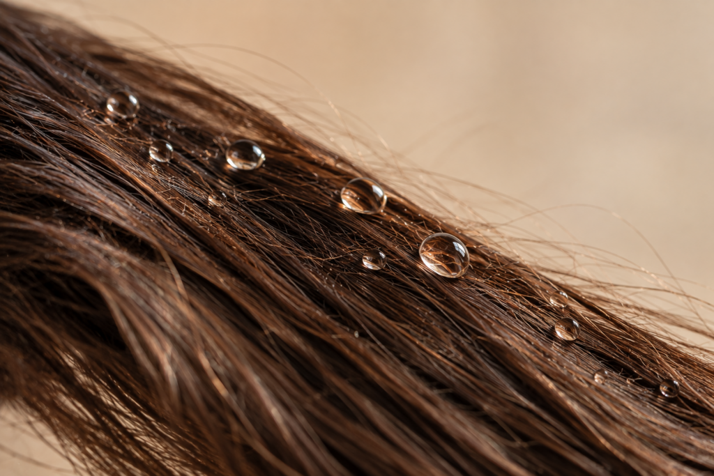 Water droplets beading on the surface of smooth dark hair.