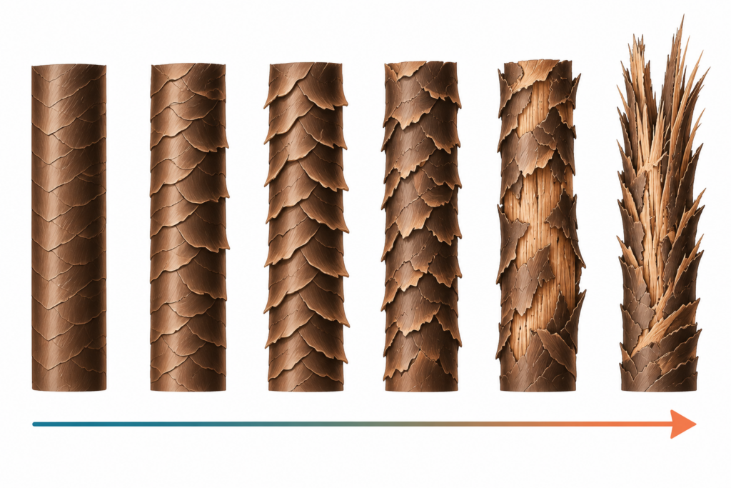 Hair porosity chart showing six stages of cuticle condition, from healthy and flat through slightly lifted, raised and gapped, worn, severe loss, and breakage.
