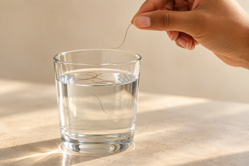 Strands of hair floating in a glass of water for the hair porosity float test.