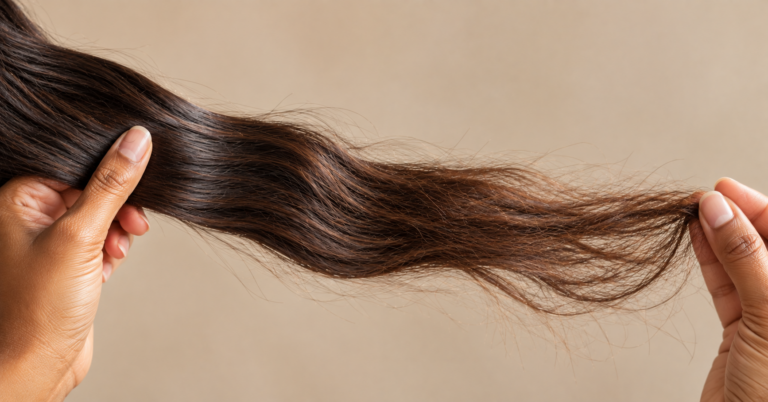 Hands holding a long section of wavy dark hair, smooth near the root and rougher toward the ends.