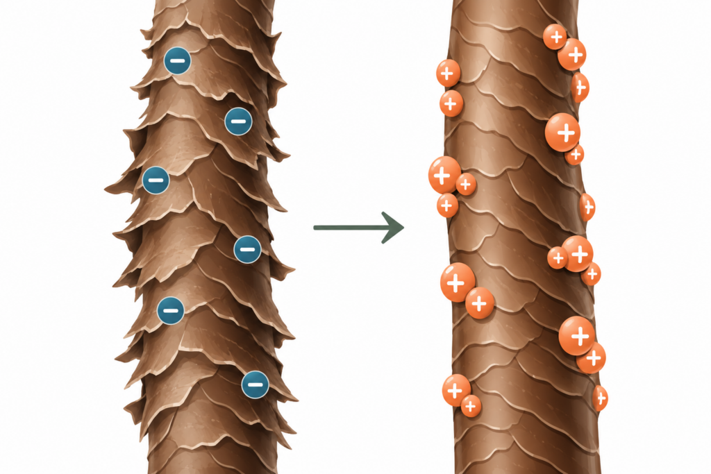Diagram comparing an untreated hair cuticle carrying negative charge with a conditioned cuticle showing positively charged conditioner deposits binding to worn areas.