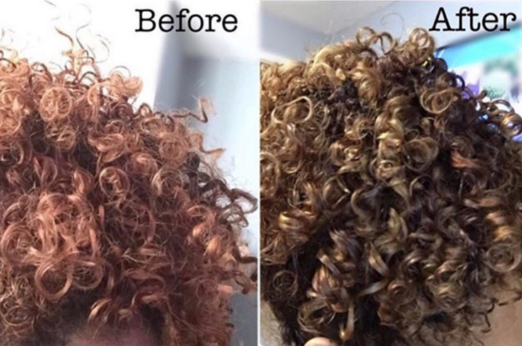 Side by side comparison of the same curly hair, brassy and coppery with loose definition on the left, darker and more defined on the right, after clarifying.