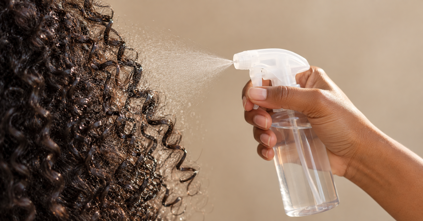 Close-up of natural black curly hair being misted with water from a clear spray bottle, with droplets visible on the curls.