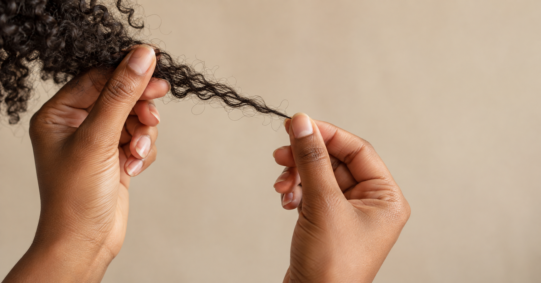 Close-up of hands gently stretching a section of natural black curly hair to test its elasticity and curl pattern.