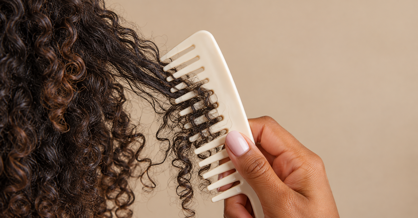 Hand pulling a wide-tooth comb through a tangle in dark curly hair.